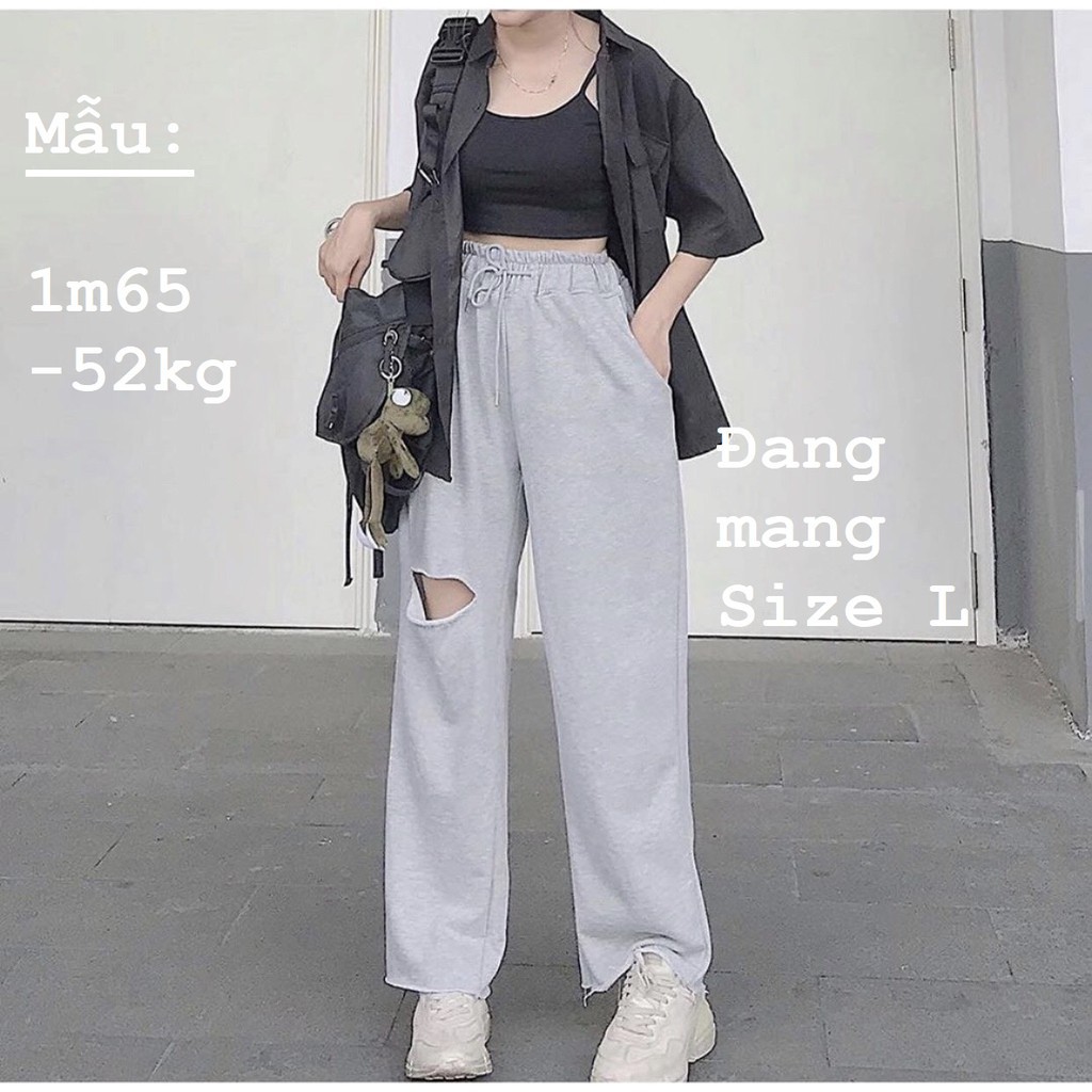 Quần Baggy Unisex, Chất liệu nỉ Ống Rộng Rách Gối, Cạp Cao Thun Dài SANMAY-QD001