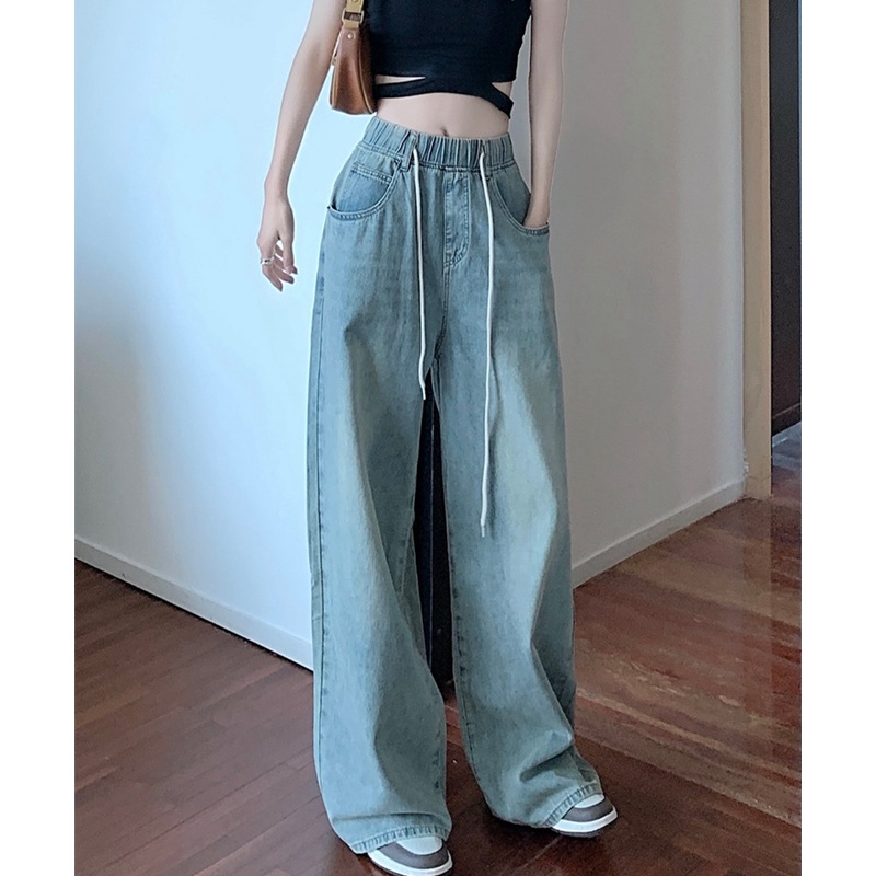 Quần Jean Nữ Ống Rộng Lưng Cao Co Dãn Tốt Hợp Thời Trang