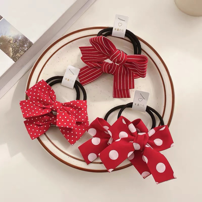 [SET 2] Dây cột tóc/Đồ buộc tóc đính nơ đỏ chấm bi phiên bản Hàn quốc cho bé và mẹ siêu xinh - Phụ kiện đôi