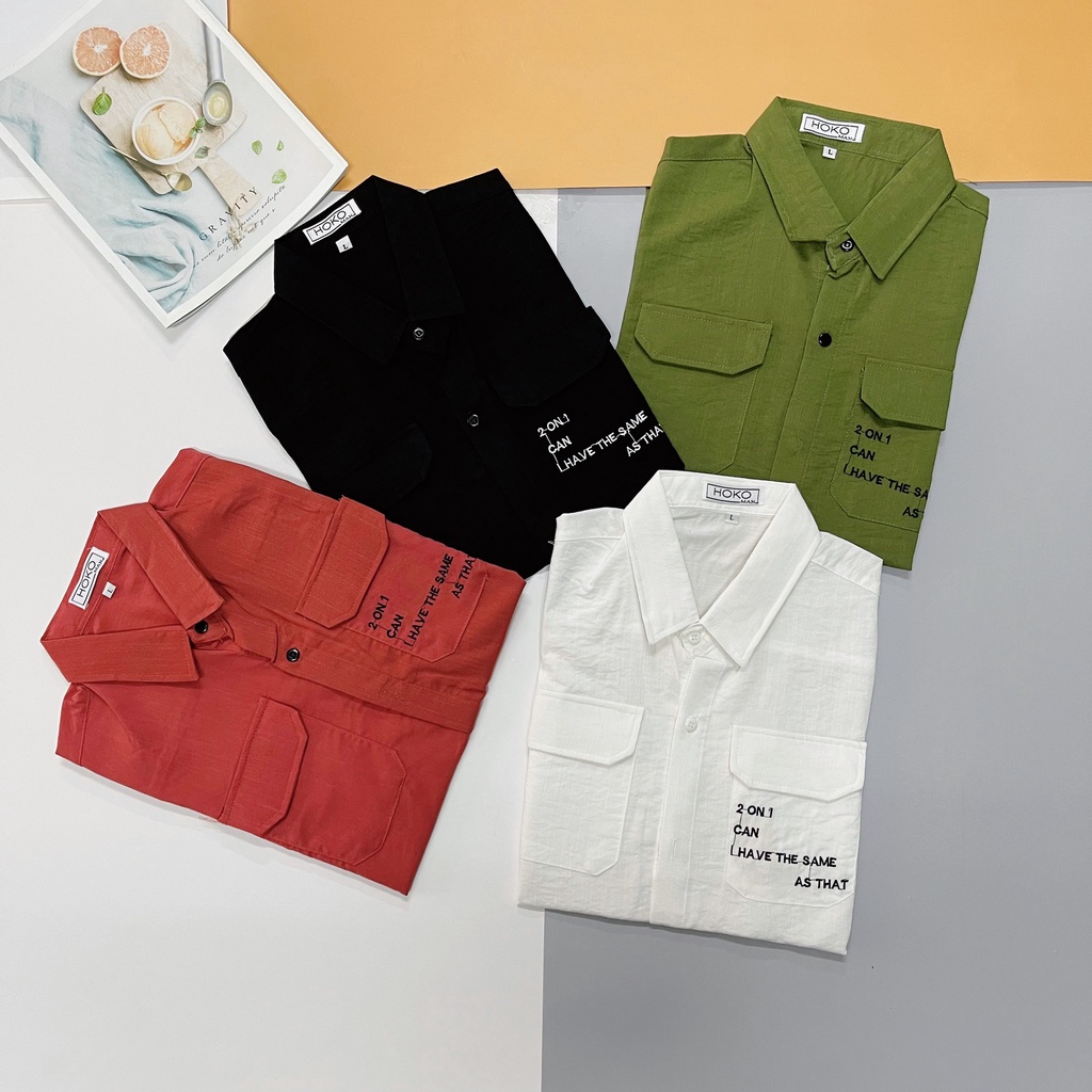 Áo sơ mi nam ngắn tay vải đũi thêu chữ mix túi phong cách đơn giản vải dày dặn mặc mát NEWSHOP004