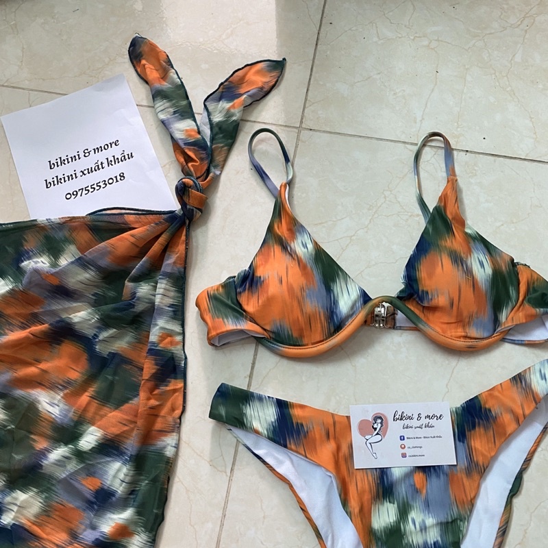 [BKN1533] &lt;ÂU&gt; SET BIKINI 3 MÓN LOANG CAM XANH KÈM KHĂN HÔNG (CÓ GỌNG)