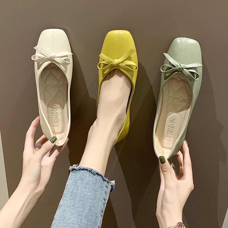 Giày búp bê IELGY đế mềm mũi vuông đính nơ thời trang dành cho nữ