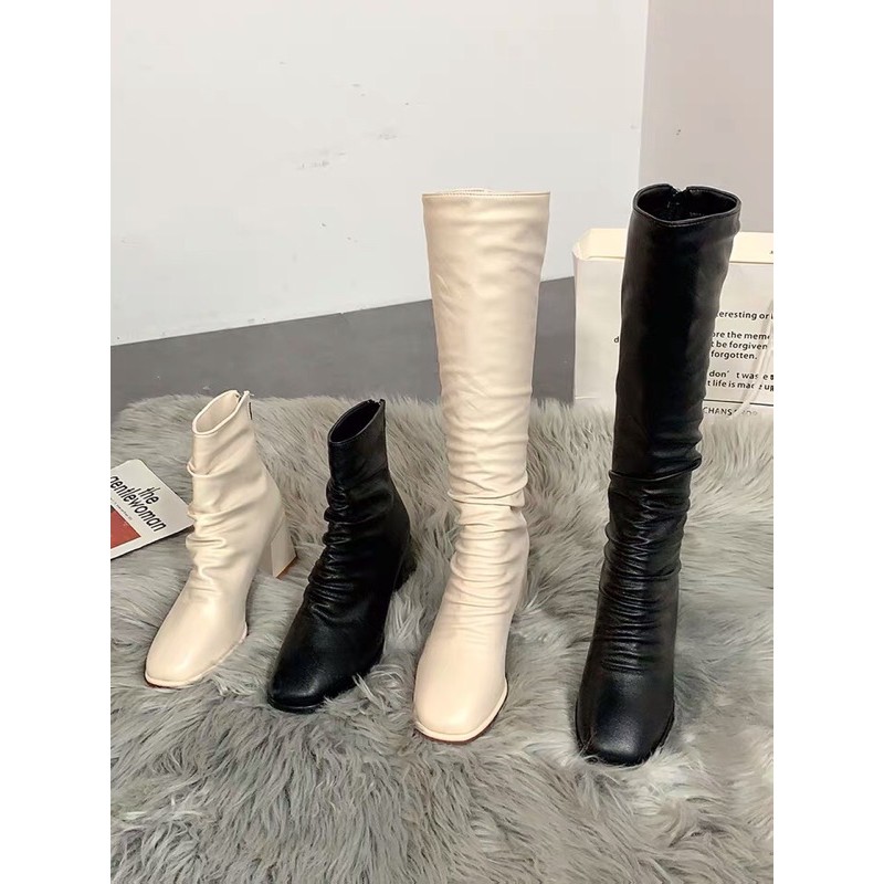 [Sẵn 38] Boots nhăn Ulzzang cổ cao và cổ ngắn có lót lông gót vuông cao 6cm | BigBuy360 - bigbuy360.vn
