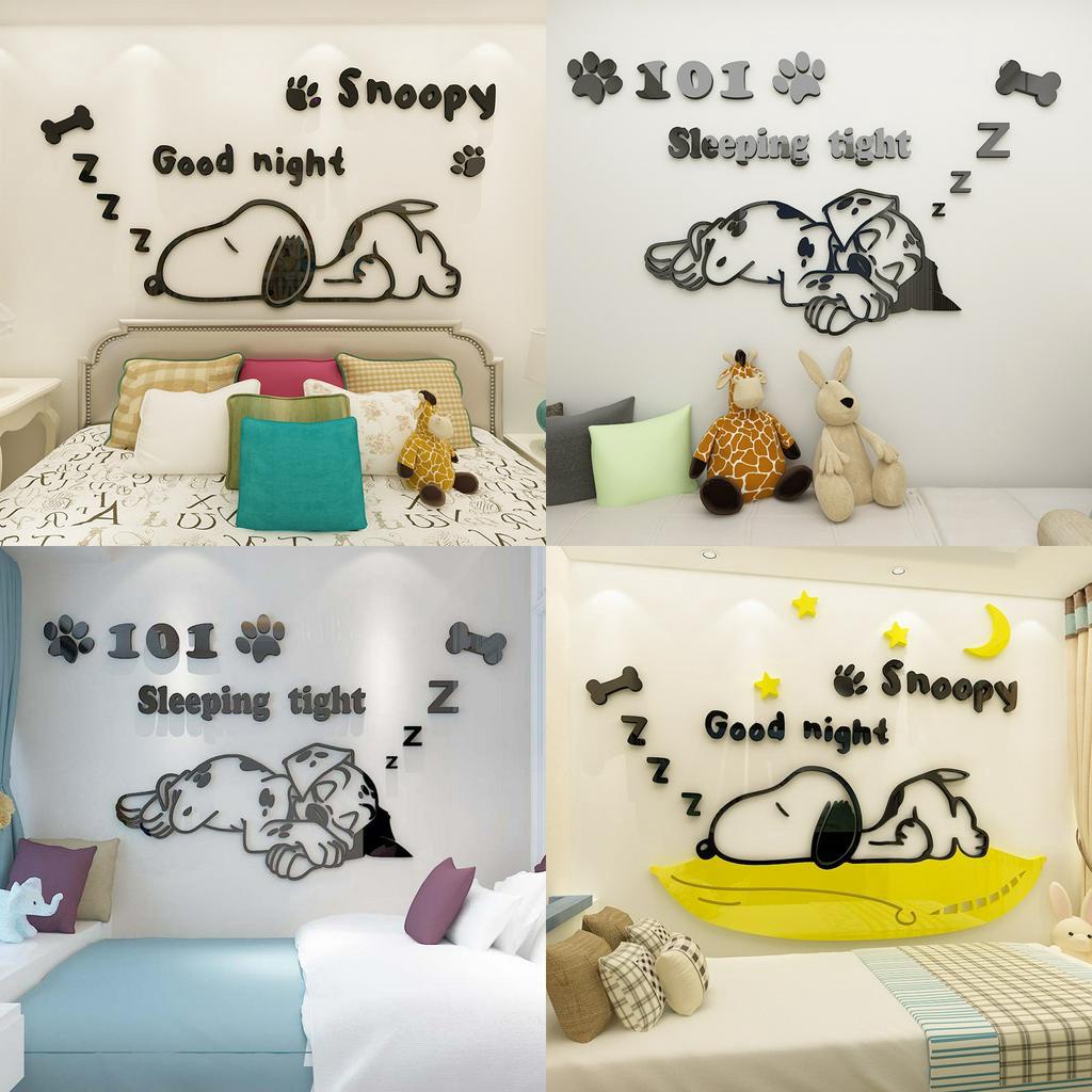 Tranh mica 3d dán tường chú chó snoopy đang ngủ, trang trí tường phòng cho bé, mầm non, mẫu giáo