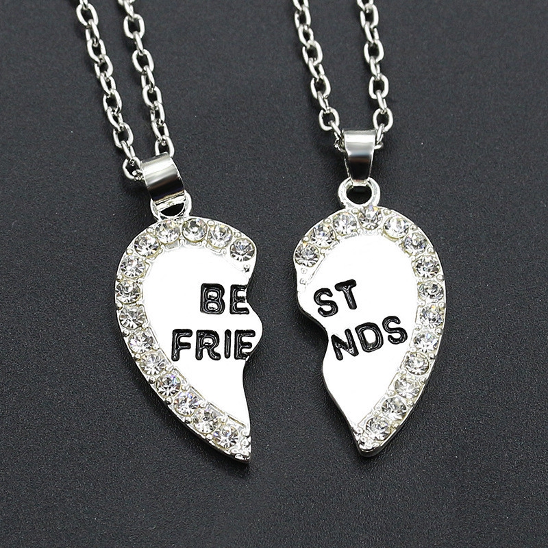 Best Friend Heart Silver Gold Rhinestone 2 Pendants Necklace Bff Friendship Gift Jewelry