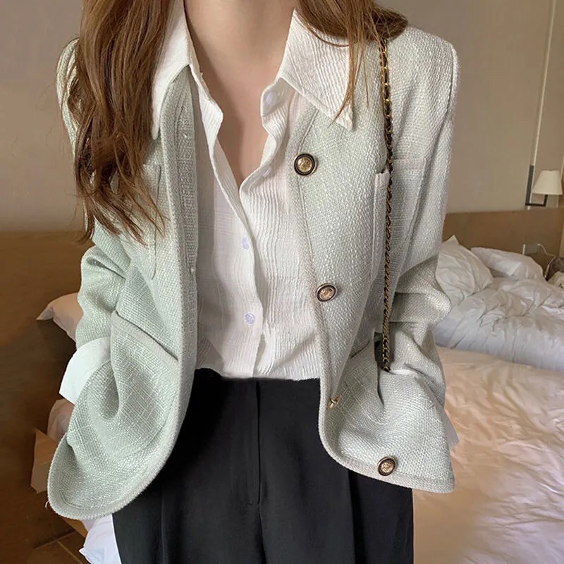 (CÓ SẴN) Áo khoác dạ tweed cổ v túi hộp màu xanh ngọc/đen [Ảnh thật 5-9]