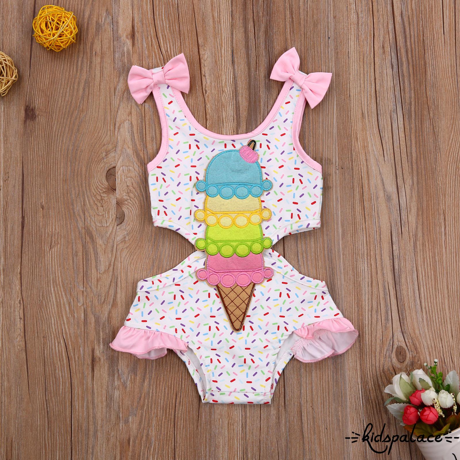 BbQ-Girl’s Sweet Ruffles One Piece Swimsuit Fashion Bow Ice Cream Print Hollow Suspender Swimsuit