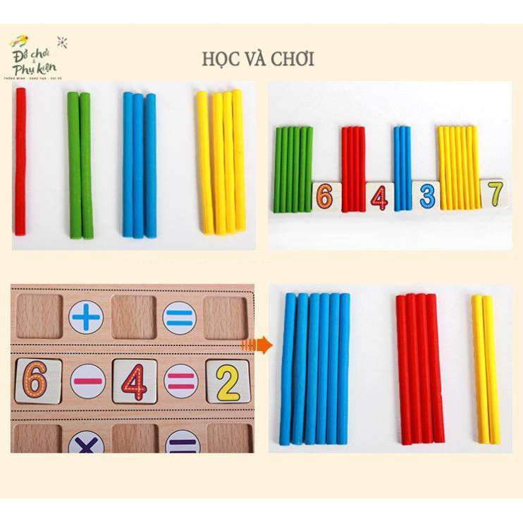 Bộ đồ chơi học toán bằng gỗ có đồng hồ với que tính, bảng 2 mặt và số từ 0-99 cho bé yêu