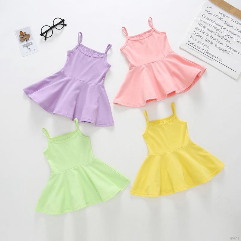Đầm xòe 2 dây màu trơn xinh xắn cho bé gái