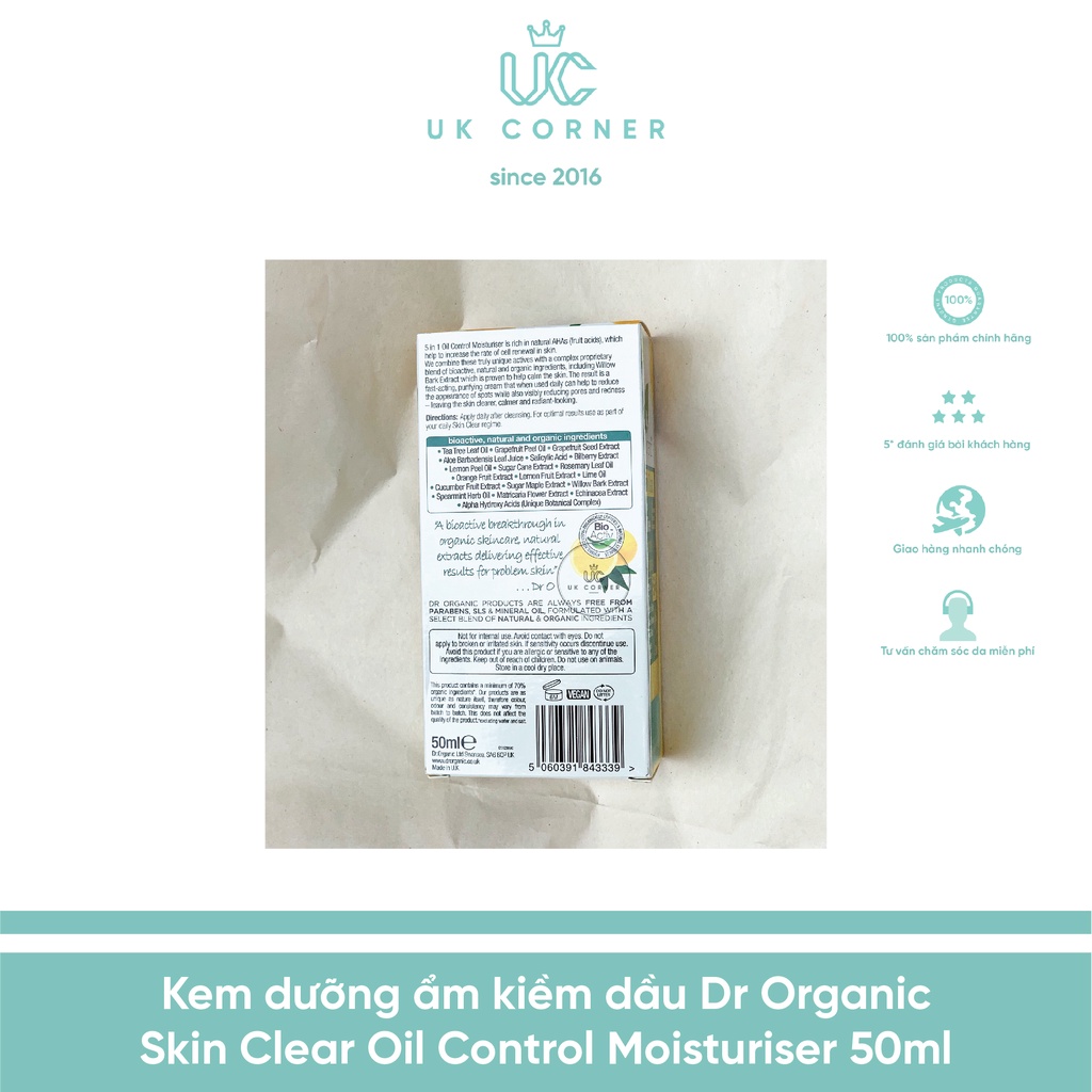 Kem dưỡng ẩm kiềm dầu Dr Organic Skin Clear Oil Control Moisturiser 50ml