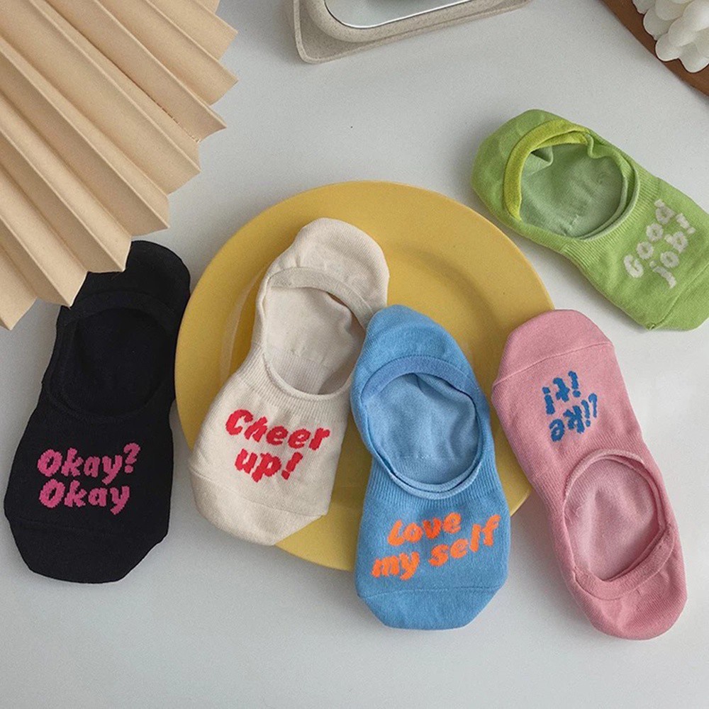 Vớ cotton cổ thấp in chữ màu trơn thoáng khí dễ thương thời trang mùa hè