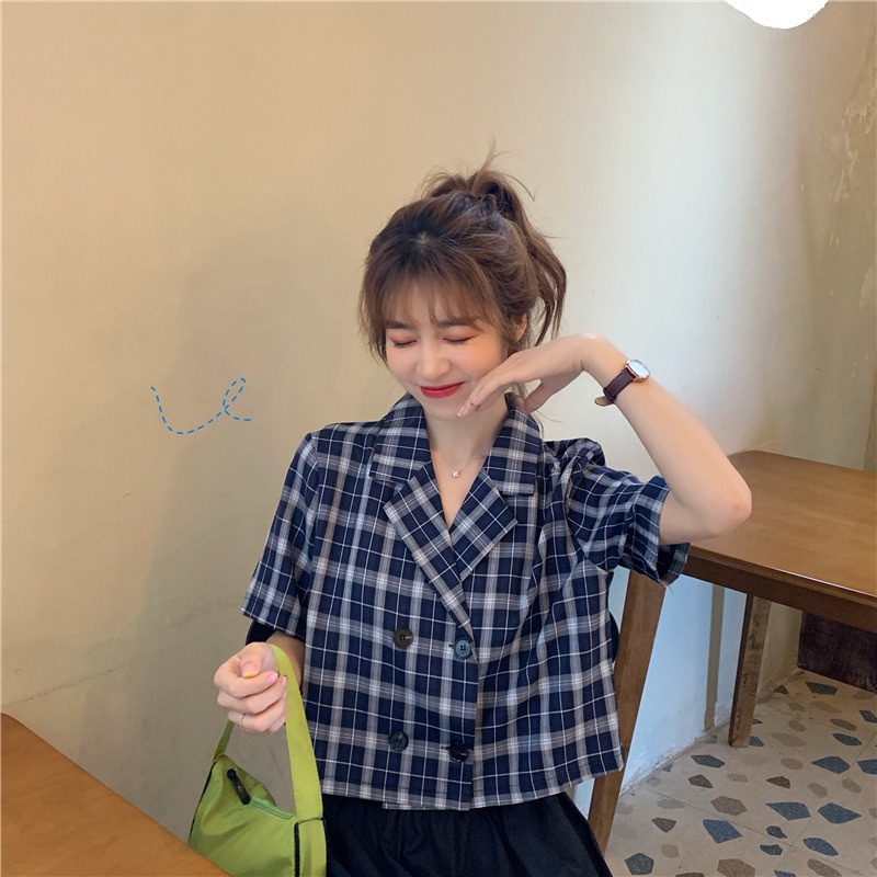 Áo Khoác Nữ Tay Ngắn Họa Tiết Caro Thời Trang Mới