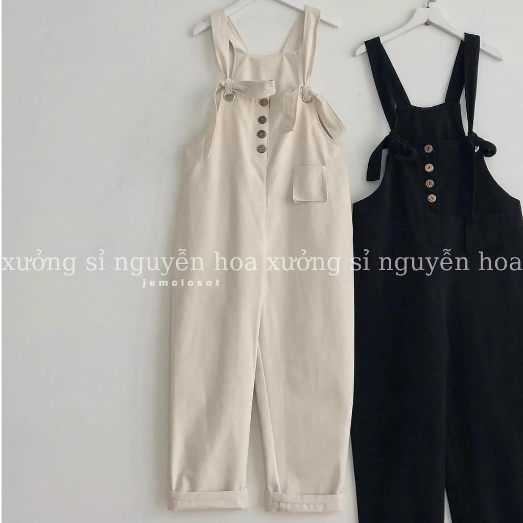 Quần yếm buộc dây 4 cúc hot trend ulzzang kiểu dáng hàn quốc freesize form rộng 2 màu be đen xưởng sỉ nguyễn hoa