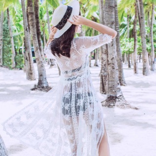 Áo choàng đi biển dáng dài đen - trắng