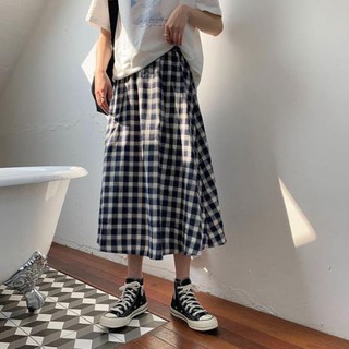 Chân váy dài chất vải thô Quảng Châu dáng suông vintage kẻ ô vuông phong cách Hàn Quốc ✔️ 🔥