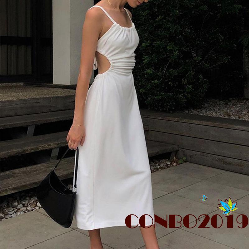 Đầm Dài Hai Dây Hở Lưng Màu Sắc Trơn Quyến Rũ Dành Cho Nữ