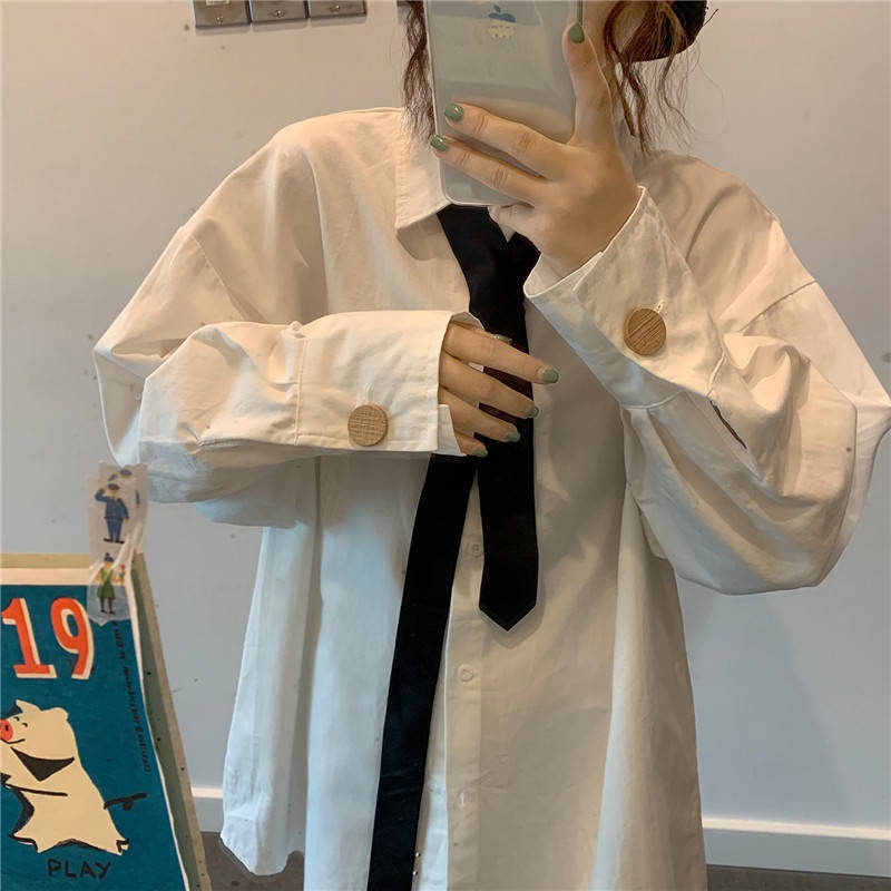 IELGY Áo sơ mi polo tay dài dáng rộng phong cách hàn quốc cổ điển