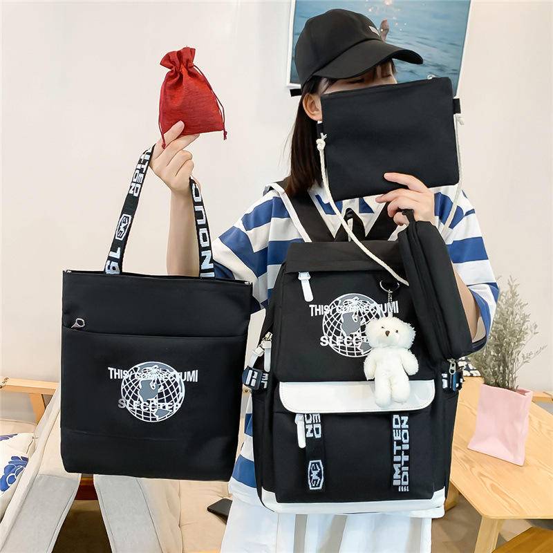 Backpack na apat na piraso para sa mga lalaki at kababaihan na bersyon ng Korea ng kolehiyo Senior high school junior schoolbag ng mga babaeng malaking kapasidad backpack ng paglalakbay