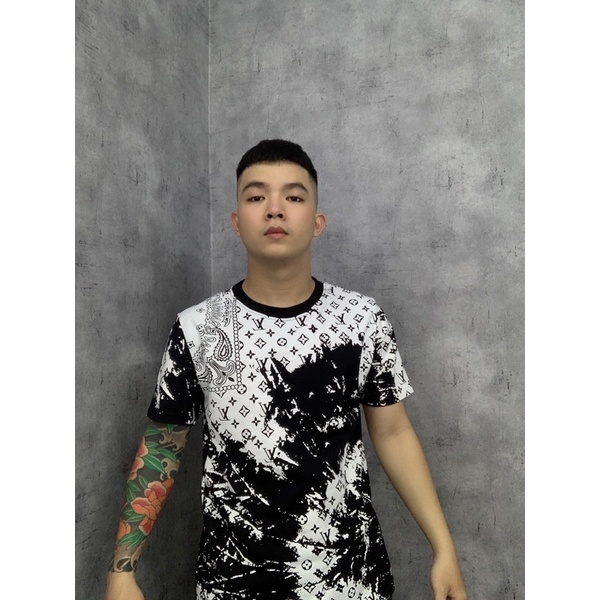 Áo Phông Nam Lv cao cấp Was sơn full áo - Áo Thun Quảng Châu lv in chữ toàn thân 2 màu trắng đen