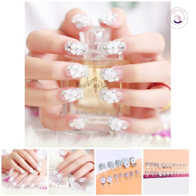 Set 24 móng tay giả họa tiết hoa 3D xinh xắn kèm keo dán dành cho cô dâu