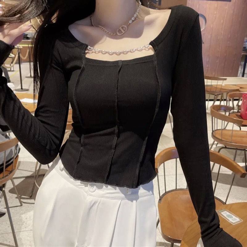 Áo Thun Nữ Tay Dài Có Dây Xích Ngực 3 Màu Xanh, Đen, Trắng Dành Cho Nữ ROSEBOUTIQUE