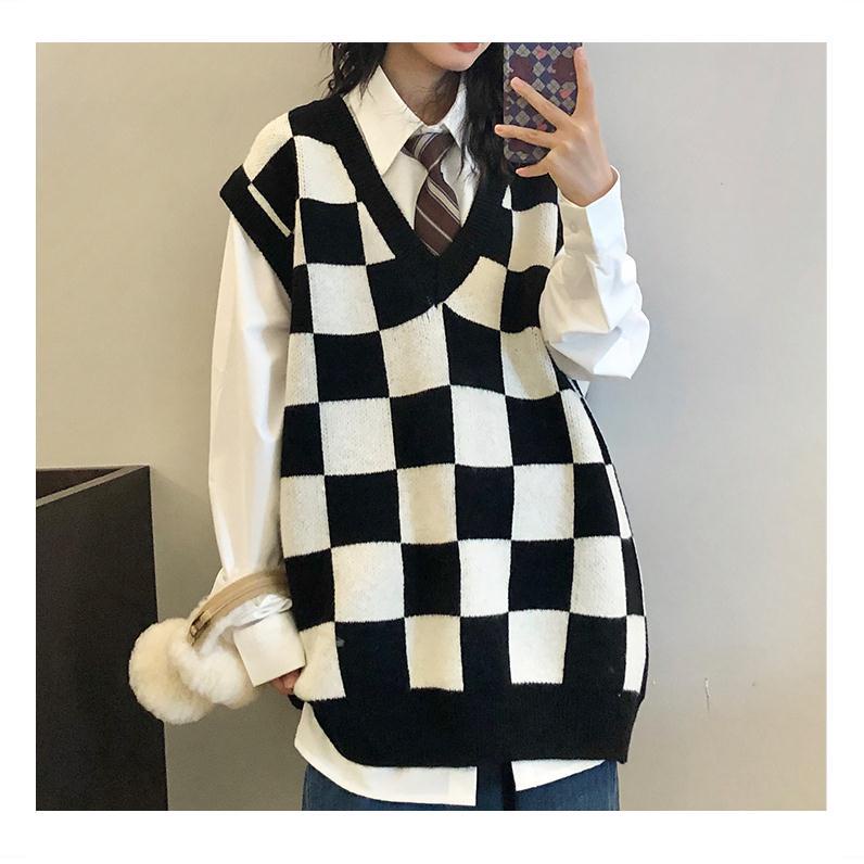【Keroro】Áo Gile len đan nữ Cổ tim Kẻ sọc Caro Form rộng Phong cách | BigBuy360 - bigbuy360.vn