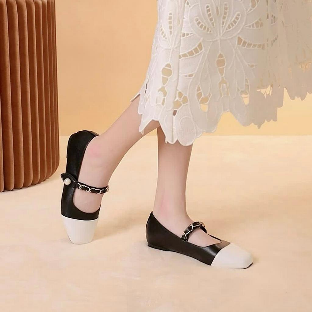 Giày búp bê MWC 2289 - Giày Búp Bê Mũi Vuông Phối Xích Xinh Xắn Đính Ngọc Cách Điệu Thời Trang