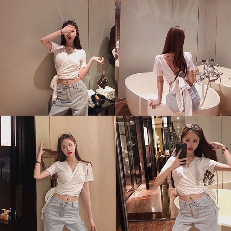 Áo thun tay ngắn cổ chữ V thiết kế hở lưng quyến rũ