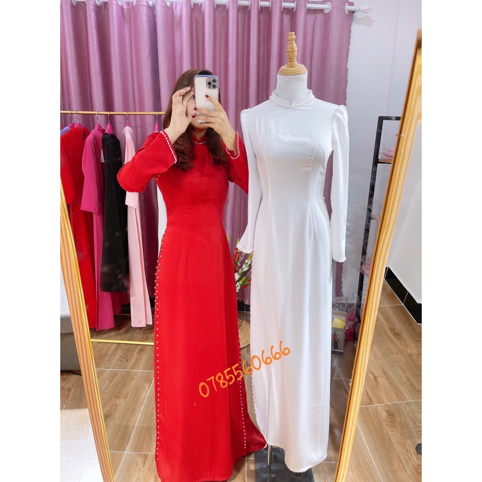 [𝐌𝐀𝐑𝐈𝐀] ÁO DÀI CÔ DÂU MÀU ĐỎ LỤA ĐÍNH HẠT TAY BỒNG