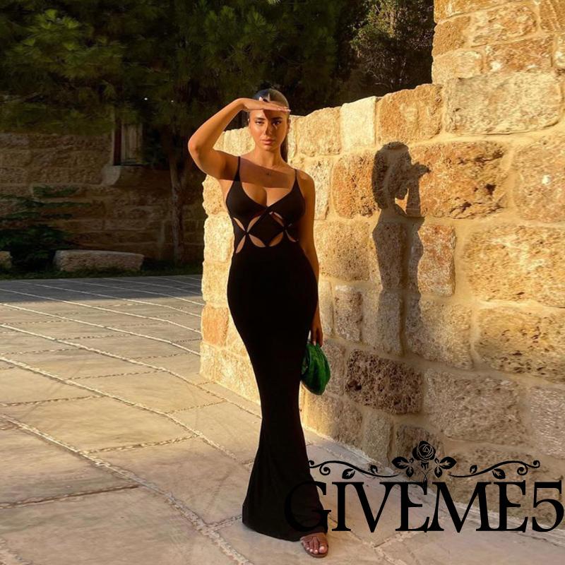 Đầm Dài Hai Dây Cổ Chữ V Màu Đen Trơn Thời Trang Cho Nữ