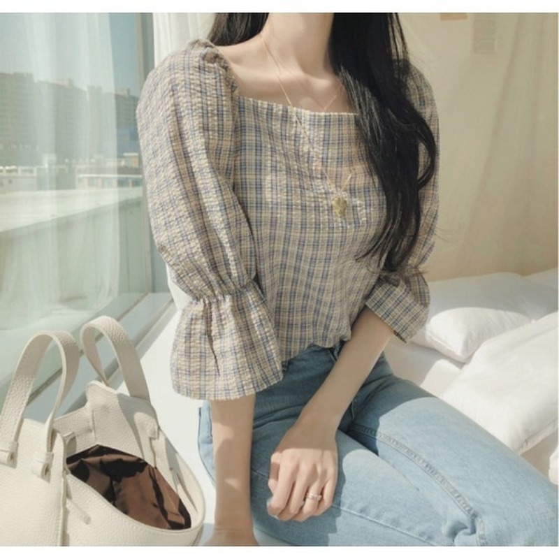 Áo kiểu phối sọc caro phong cách thời trang Hong Kong cá tính cho phái nữ | BigBuy360 - bigbuy360.vn