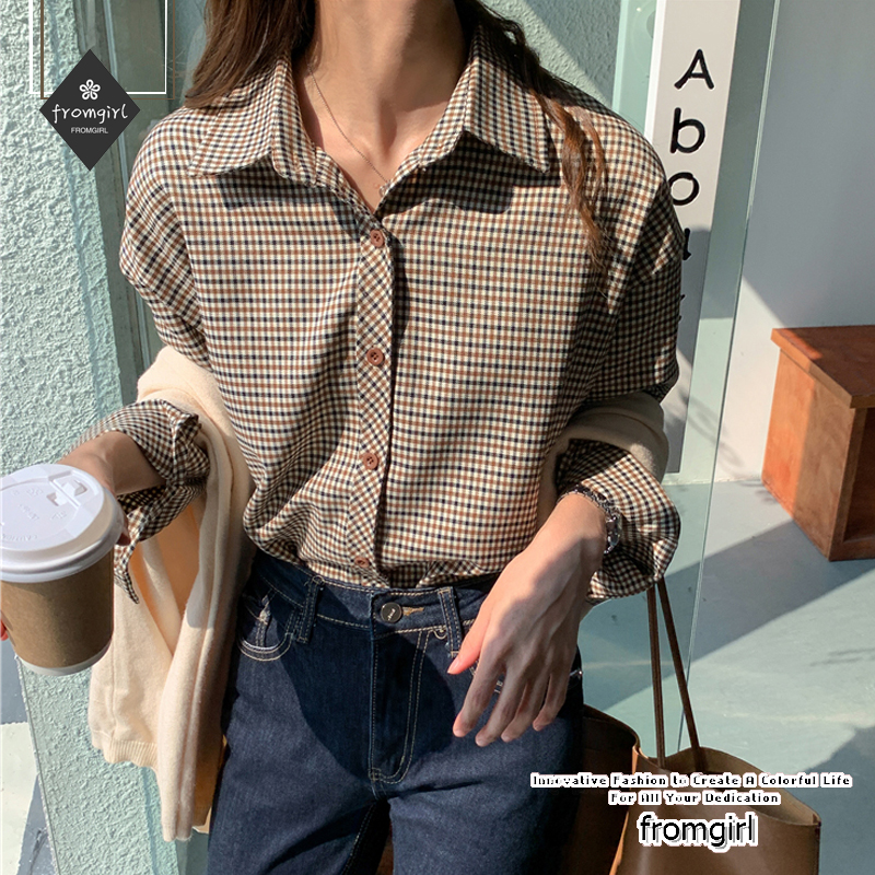 Retro plaid shirt women 2020 autumn new Korean brown loose long-sleeved bottoming shirt