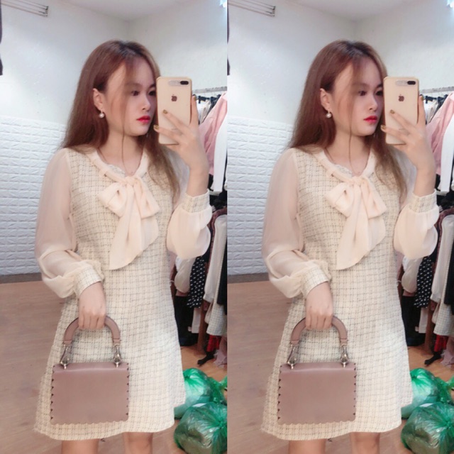 Váy dạ pha voan thắt nơ