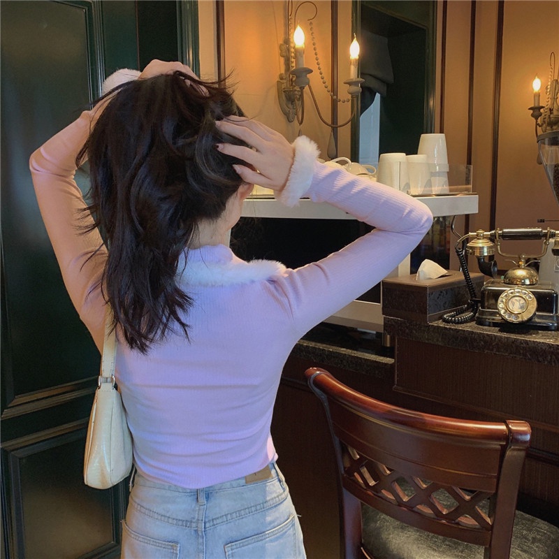 Áo lửng tay dài phối khoá kéo đính nơ dễ thương thời trang mùa đông