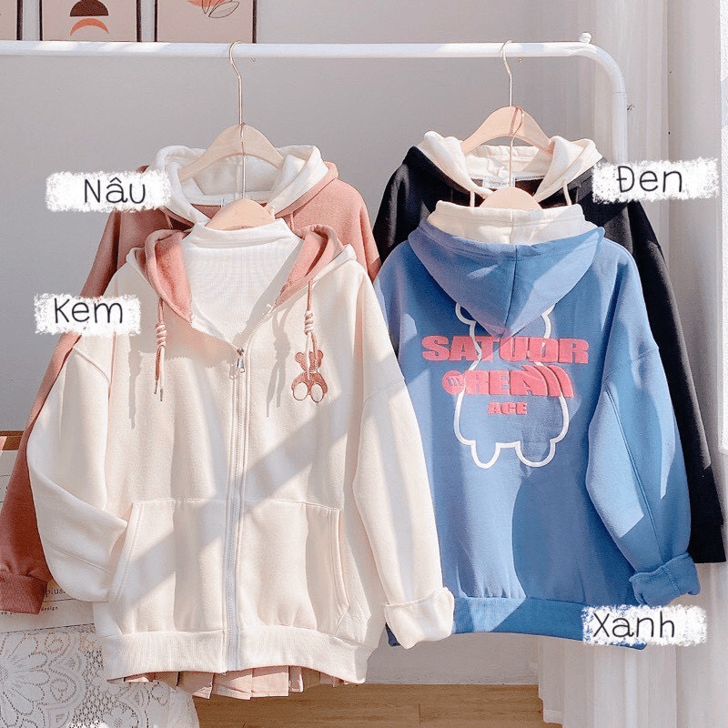 Áo khoác hoodie thun nỉ có khóa kéo thu đông nam nữ Unisex 2 Nón In Gấu SATUDR Cao Cấp Hot Teen TP