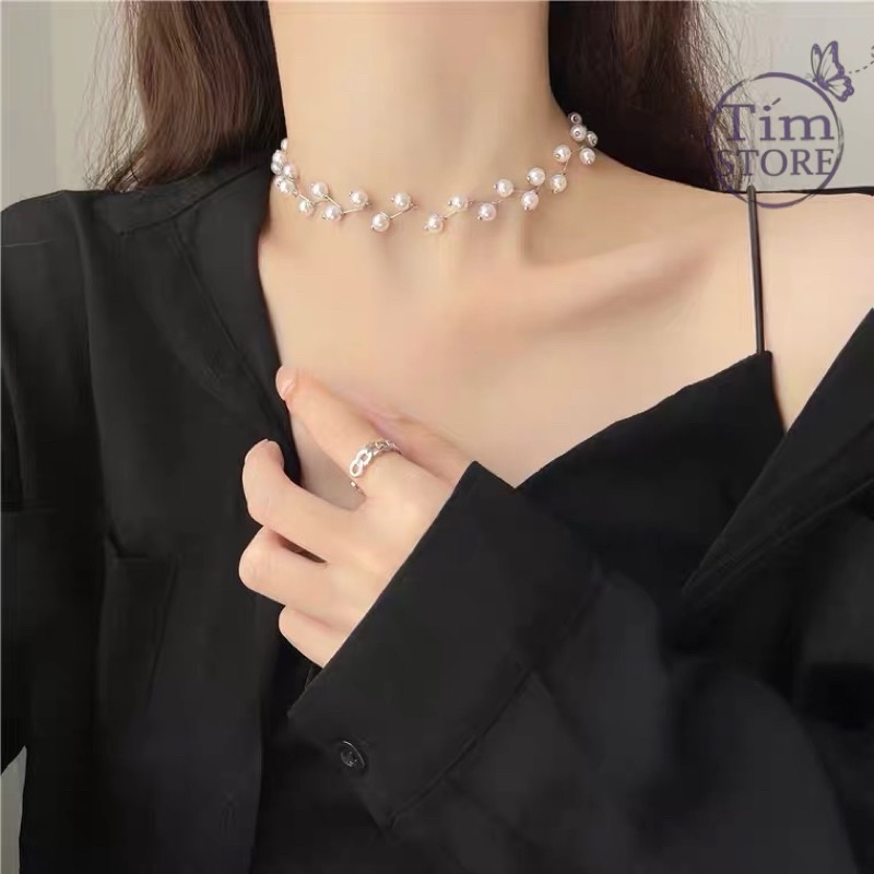 Dây chuyền dáng choker phối ngọc trai nhân tạo TÍM STORE phong cách hàn quốcaa