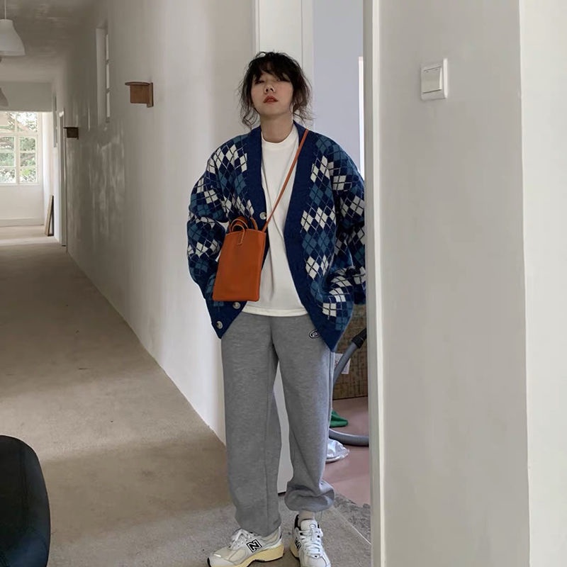 Áo khoác cardigan dệt kim cổ chữ V tay dài dáng rộng họa tiết kẻ sọc caro thời trang phong cách retro 2021