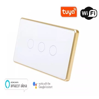 Công Tắc Wifi Viền Vàng Tuya, Công Tắc Thông Minh Tuya Có Rf433, 3 Nút Cảm Ứng Chữ Nhật Điều Khiển Từ Xa Qua App