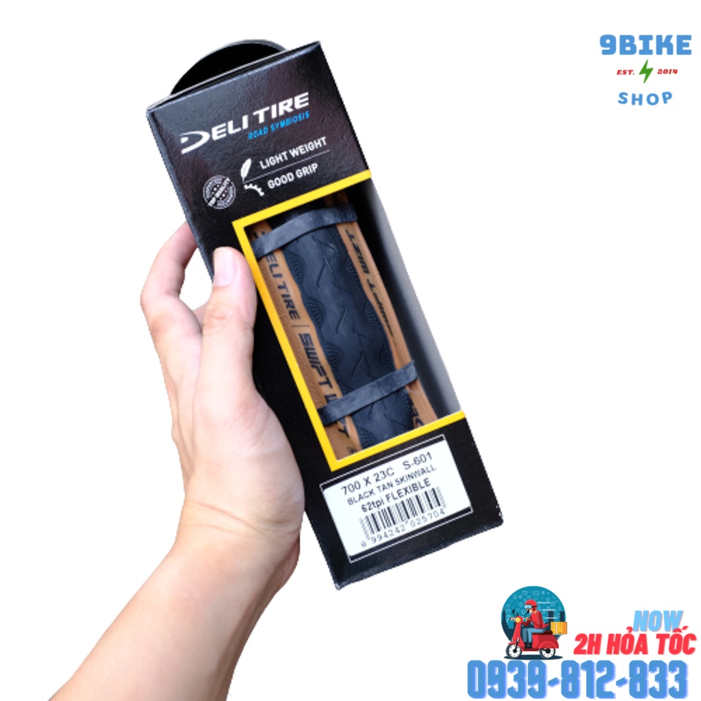 Vỏ xe đạp thể thao đường trường road Deli BlackStan Skinwall 700x23c gấp hông vàng