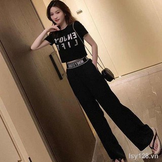 áo croptop❆Áo khoác nữ mùa hè có chữ để hở rốn Quần dài thể thao ống rộng tay ngắn Bộ đồ hai mảnh thời trang giản dị