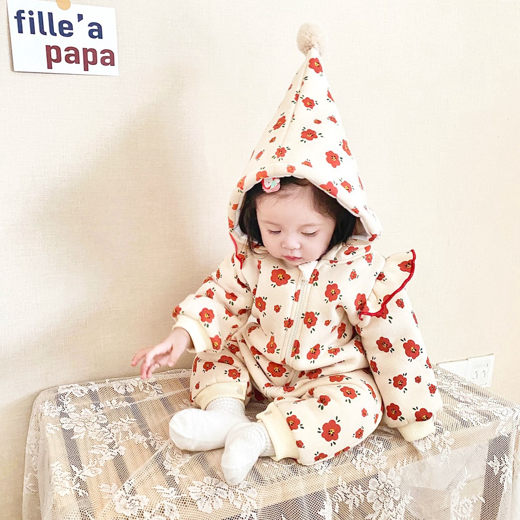 Áo liền quần Sanlutoz bằng cotton họa tiết hoa phong cách công chúa mùa đông cho trẻ em