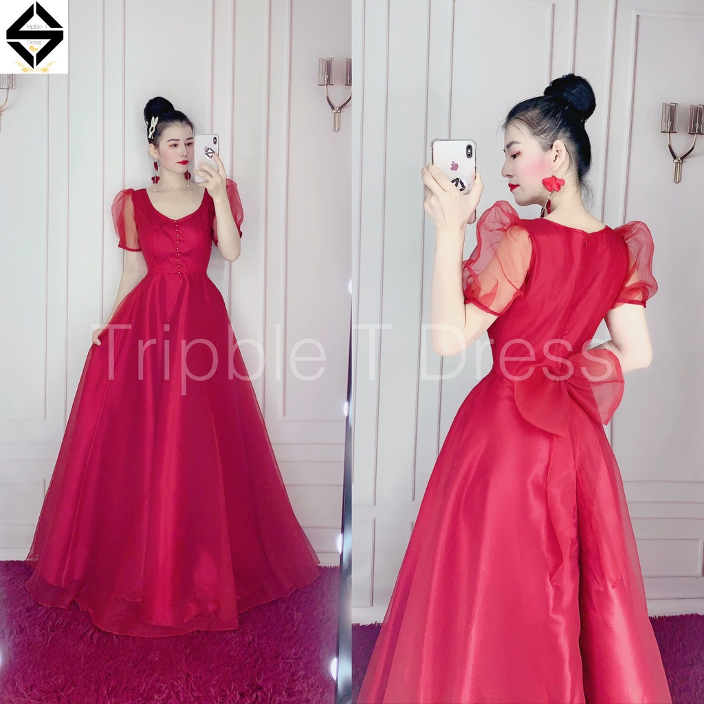 Đầm maxi xòe dự tiệc hay mặc cưới nhẹ nhàng tay ngắn phồng có nơ lưng nhỏ xinh TRIPBLE T DRESS - size M/L - MS316V