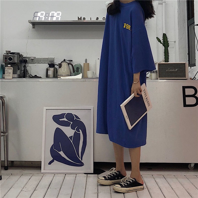 Đầm Ngủ Dài Qua Gối Ngắn Tay In Chữ Đơn Giản Phong Cách Hàn Quốc Cho Nữ