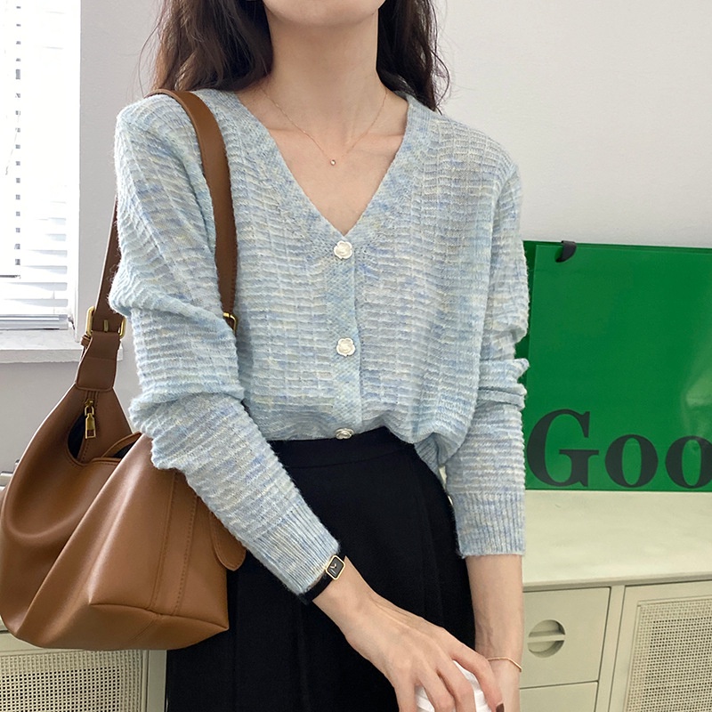 Áo dệt kim chui đầu cổ chữ V form rộng phong cách Pháp