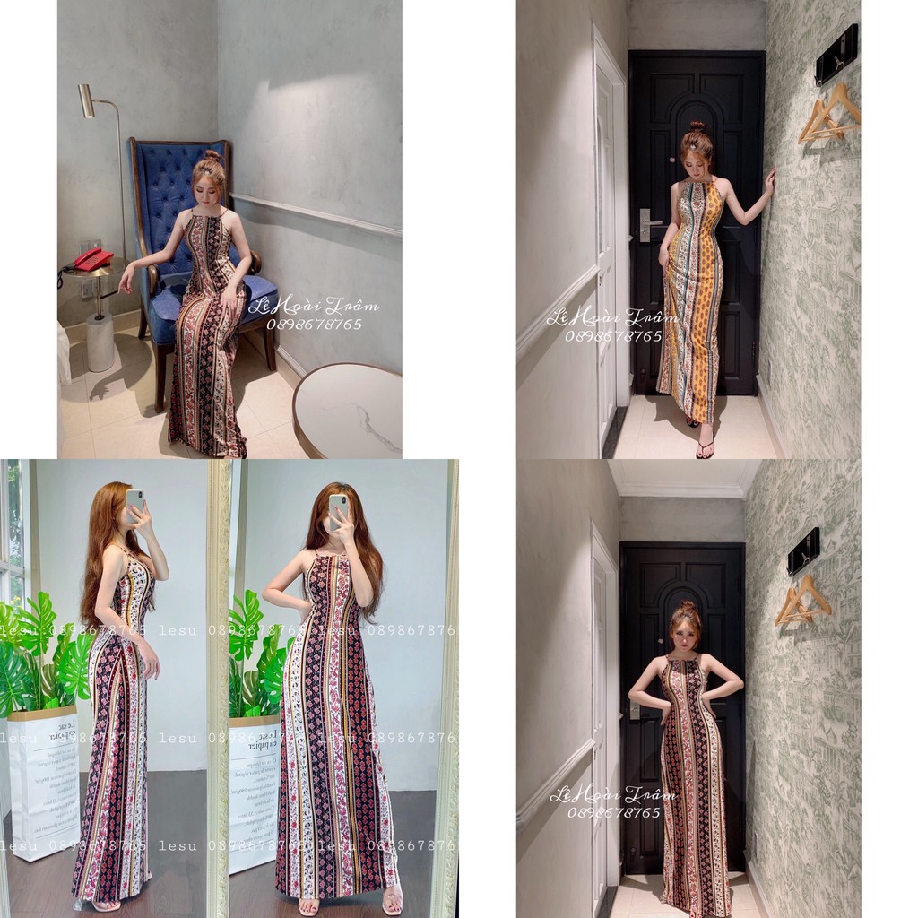 ẢNH TỰ CHỤP Đầm yếm maxi thổ cẩm