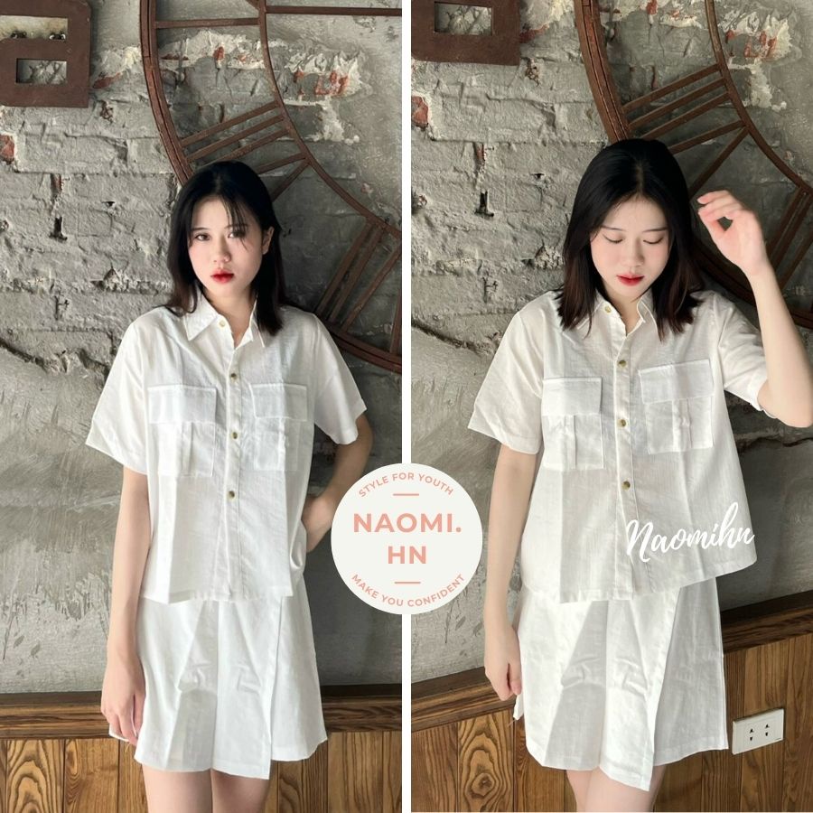 Set đồ nữ sơ mi cộc tay túi ngực form croptop kèm quần giả váy ngắn vạt lệch chất đũi siêu thích. Set basic nhiều màu
