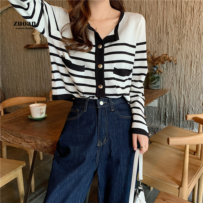 SUXI Áo Sweater Dệt Kim Kẻ Sọc Form Rộng Xinh Xắn Cho Nữ