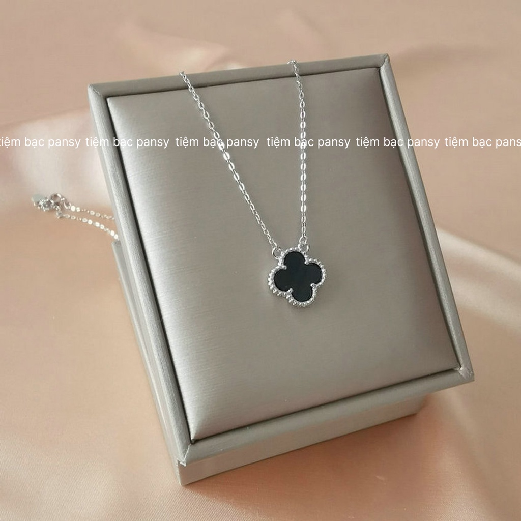 Dây chuyền bạc nữ PANSY kiểu dáng cỏ 4 lá đá đen xinh xắn - Vòng cổ bạc ta cao cấp