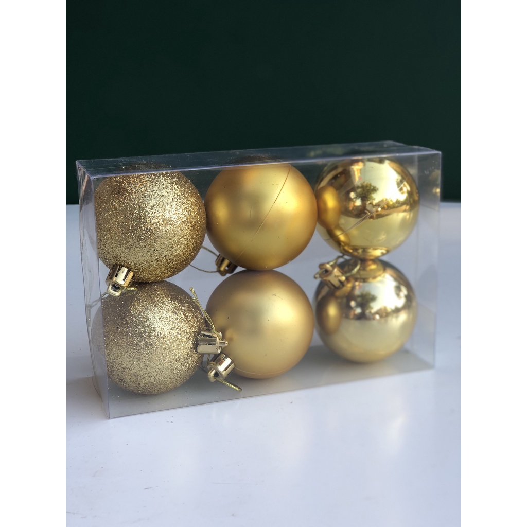Hộp 6 quả châu 6cm treo cây thông trang trí Noel , trang trí vòng nguyệt quế giáng sinh  (màu vàng)