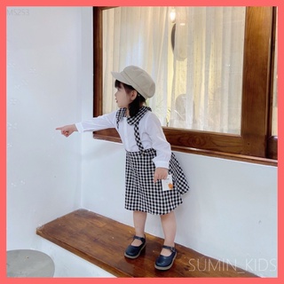 Set yếm váy kèm sơmi cho bé gái - Quần áo trẻ em Sumin Kids - Chất liệu thô lụa kèm váy linen Hàn họa tiết kẻ Caro